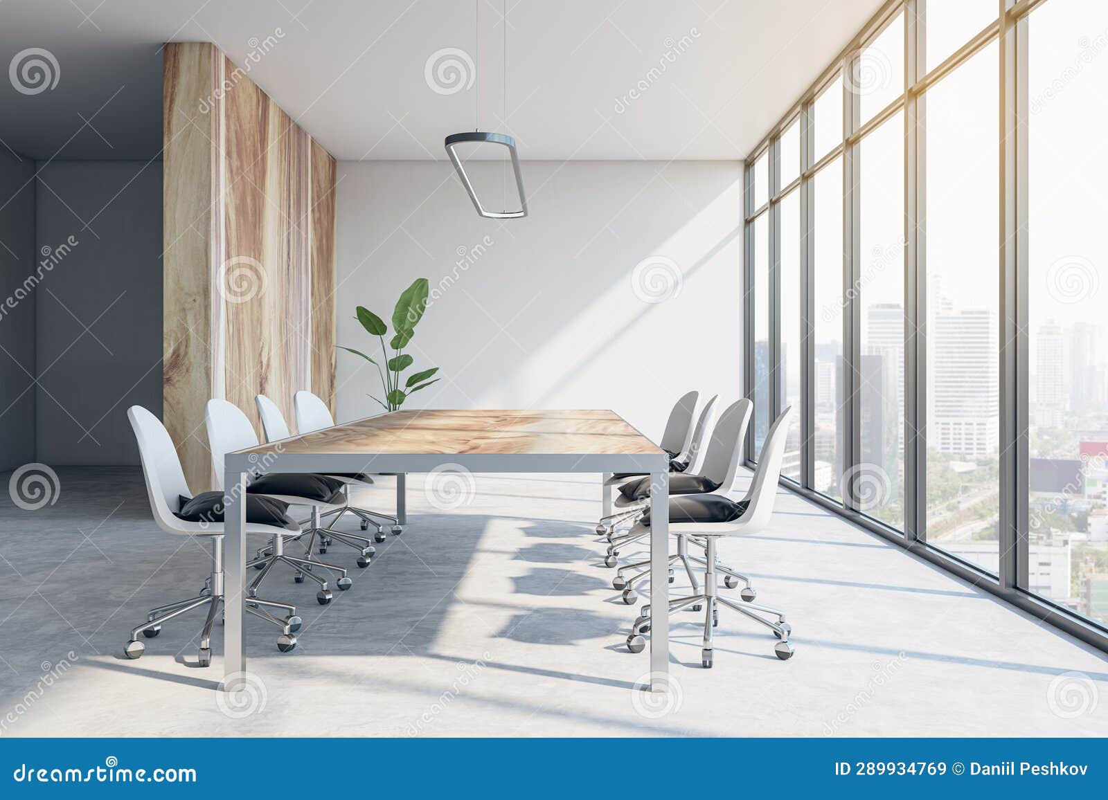 modern meeting room interior with table, chairs, panoramic windows with ciity view and shadows. 3d rendering