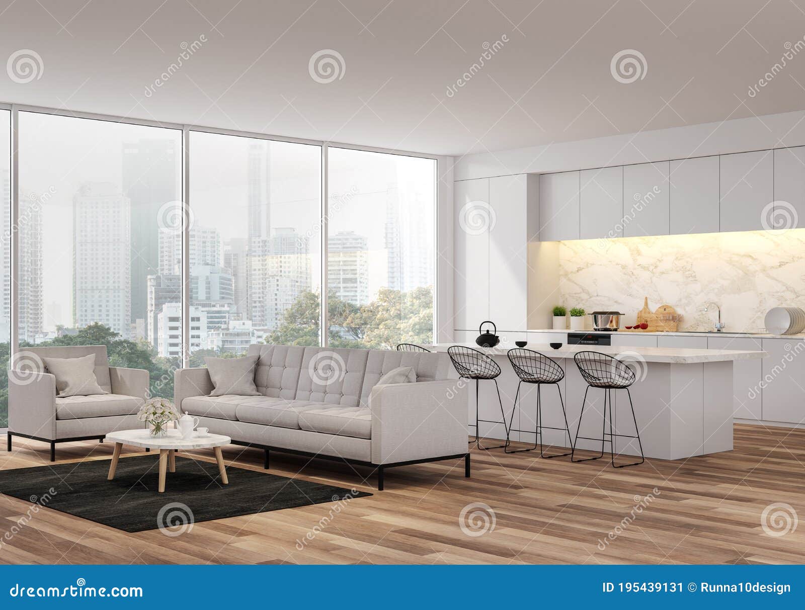 modern living, dining room and kitchen with city view 3d render