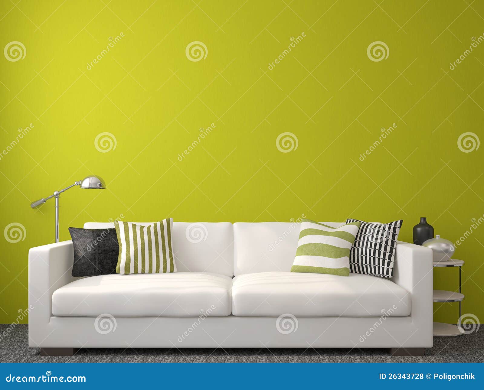 Modern living-roominterior med den vita soffan nära den tomma gröna väggen. 3d framför.