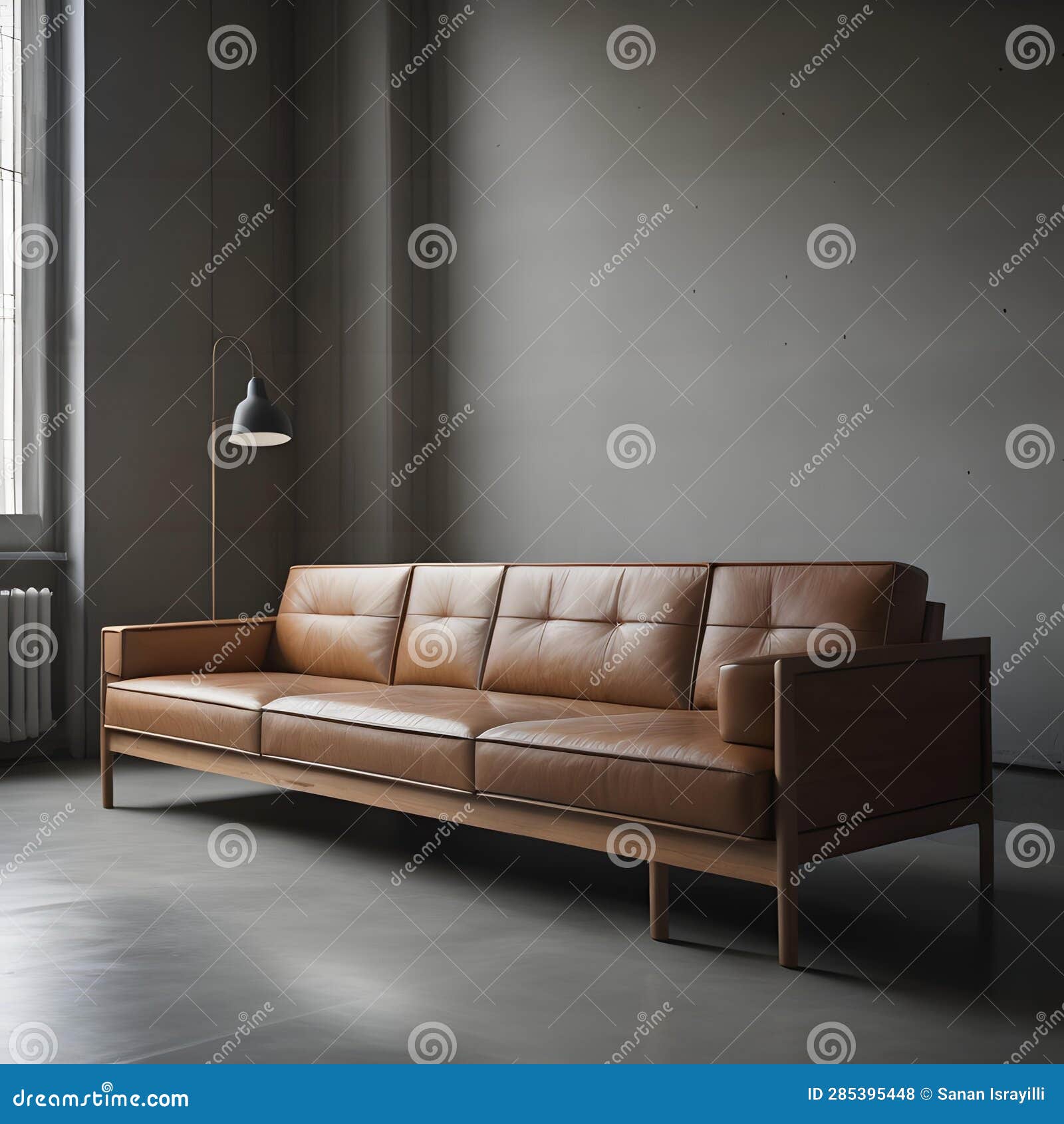 Modern Living Room with Brown Leather Sofa and Lamp. Generative Ai