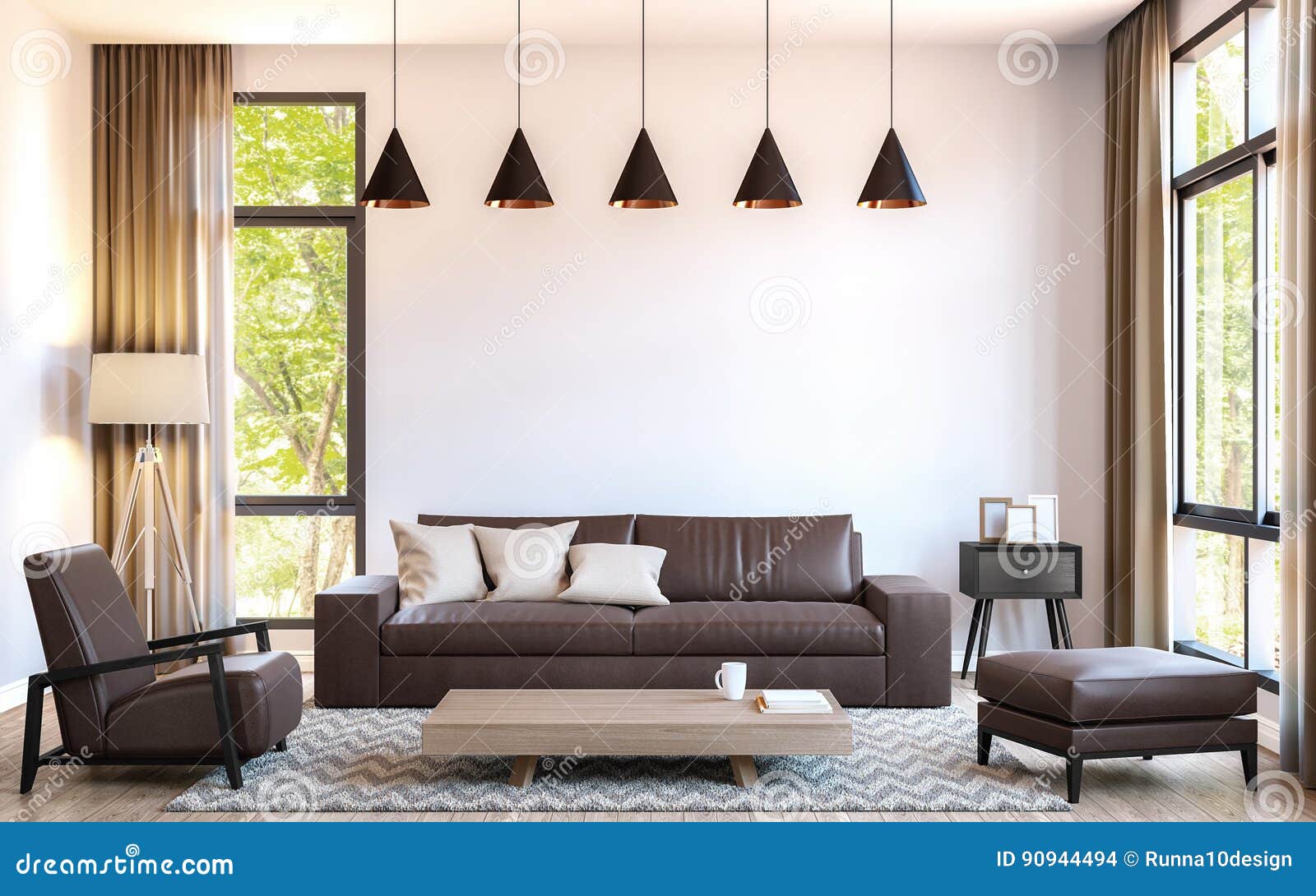 modern living room decorate with brown leather furniture 3d rendering image