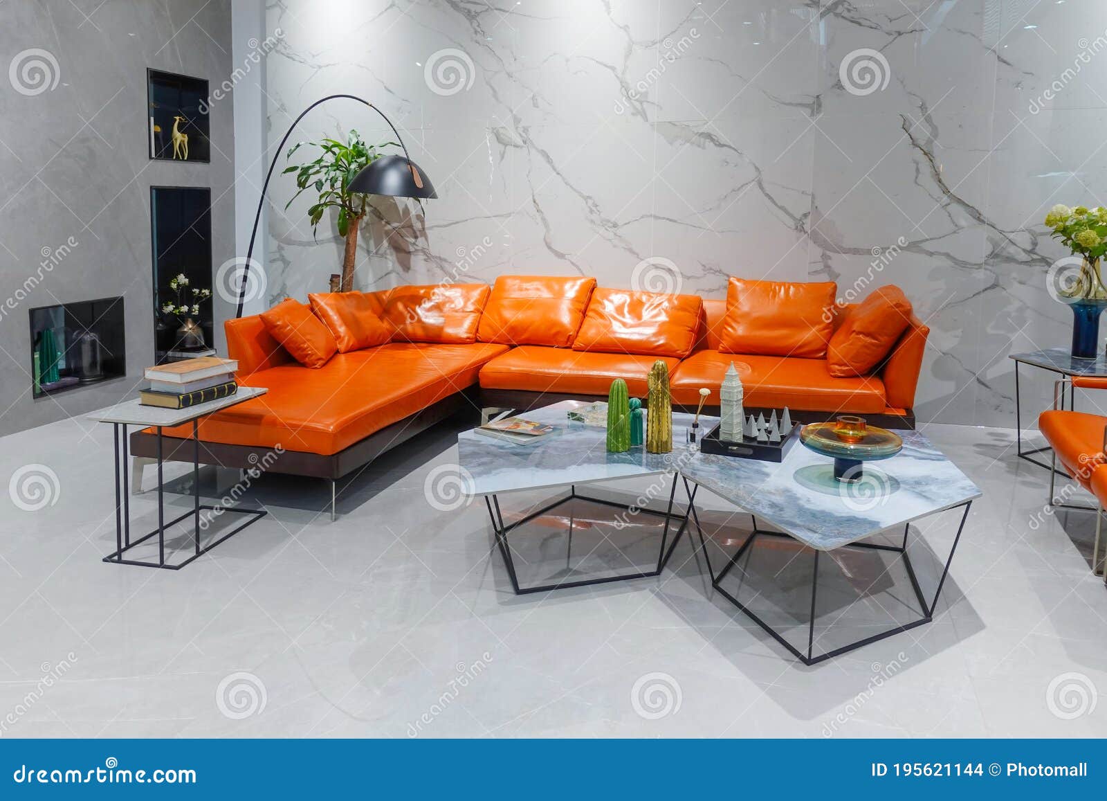 Modern Living Room Furniture In House Orange Leather Sofa Stock Photo Image Of Decor