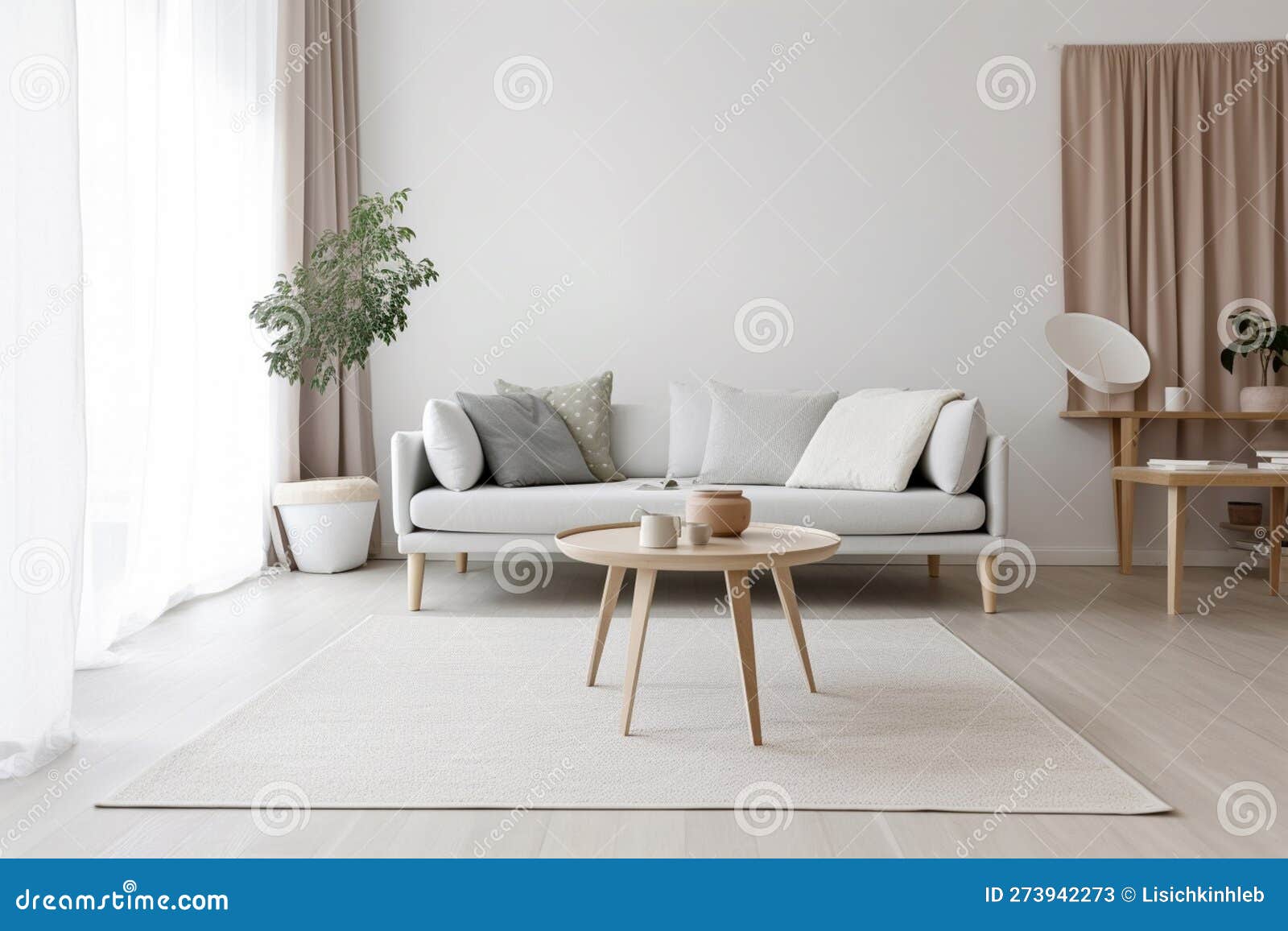 Modern Living Room in Grey and Beige Colors, Interior Created with Ai
