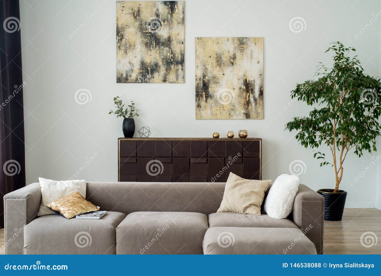 Modern Living Room With Grey Sofa With Decorative Pillows