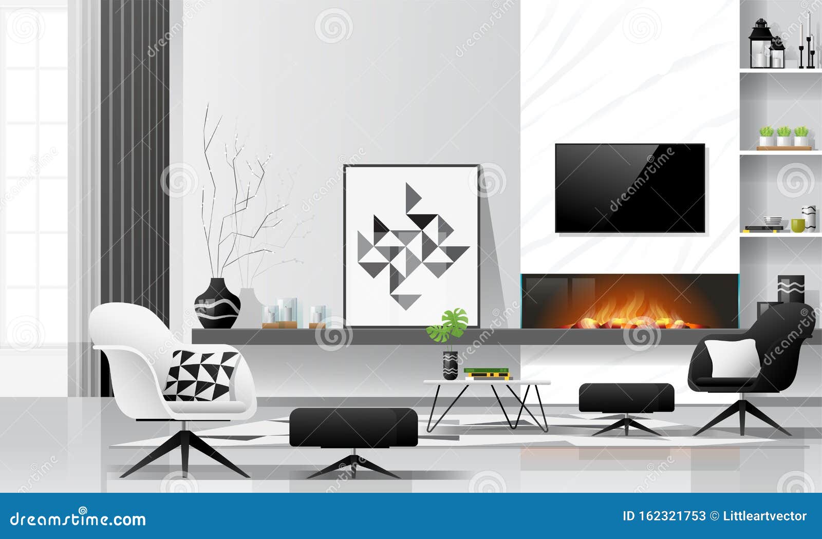 Modern Living Room Interior Background With Fireplace And Furniture In Black  And White Theme Stock Vector - Illustration Of Furniture, Indoor: 162321753