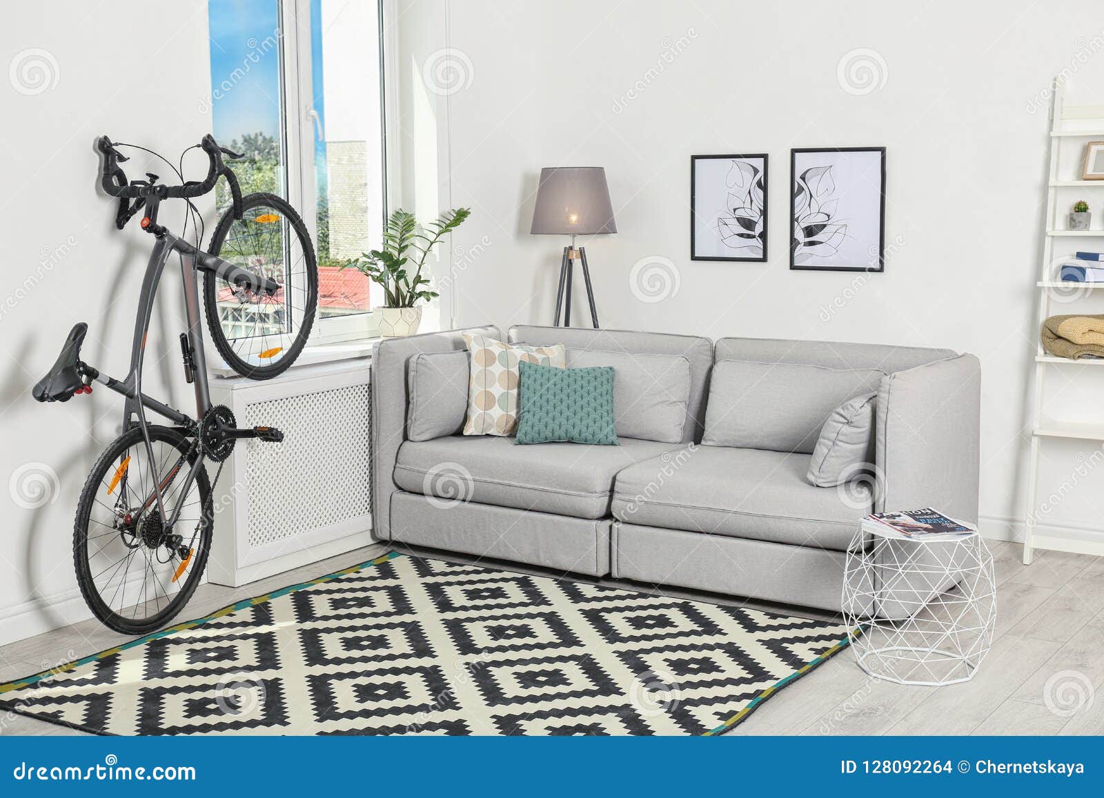 Modern Living Room Interior with Bicycle Stock Photo Image of carpet