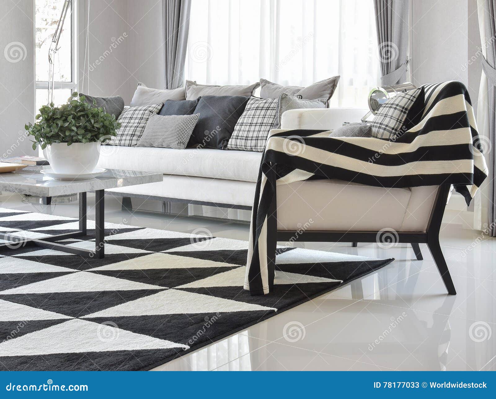 Modern Living Room Interior with Black and White Checked Pattern
