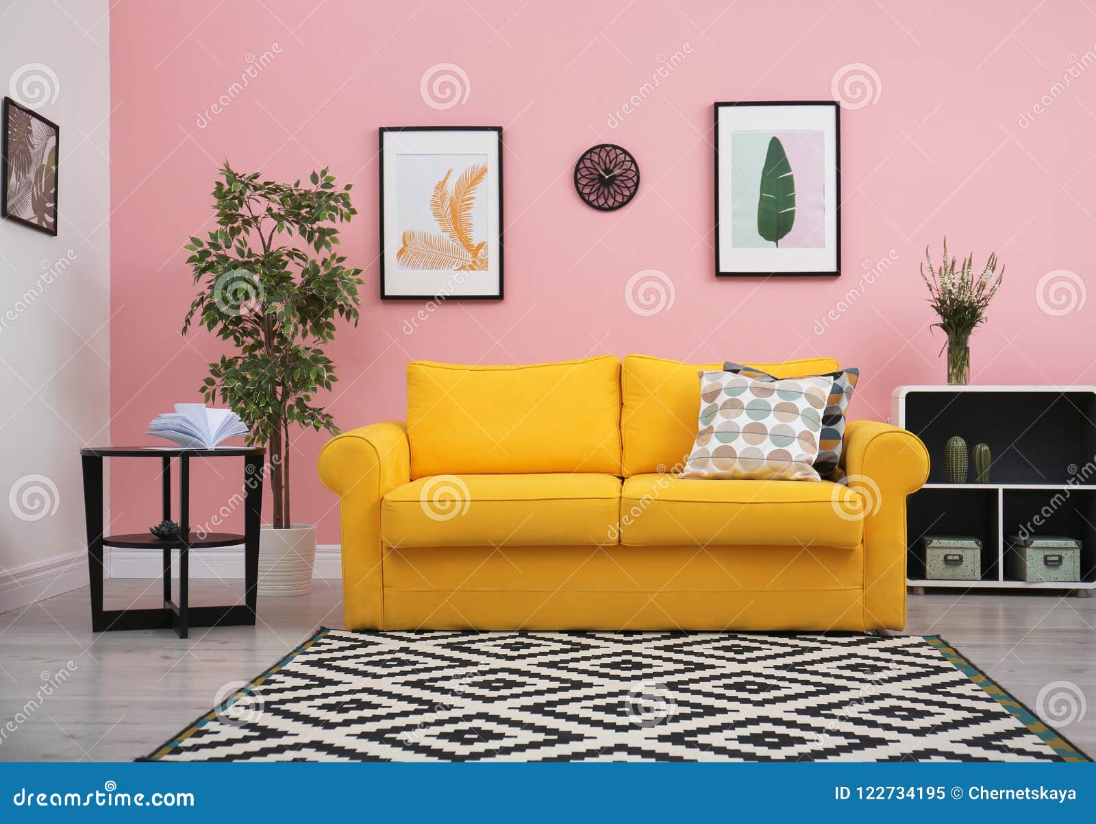 modern living room interior with comfortable yellow sofa