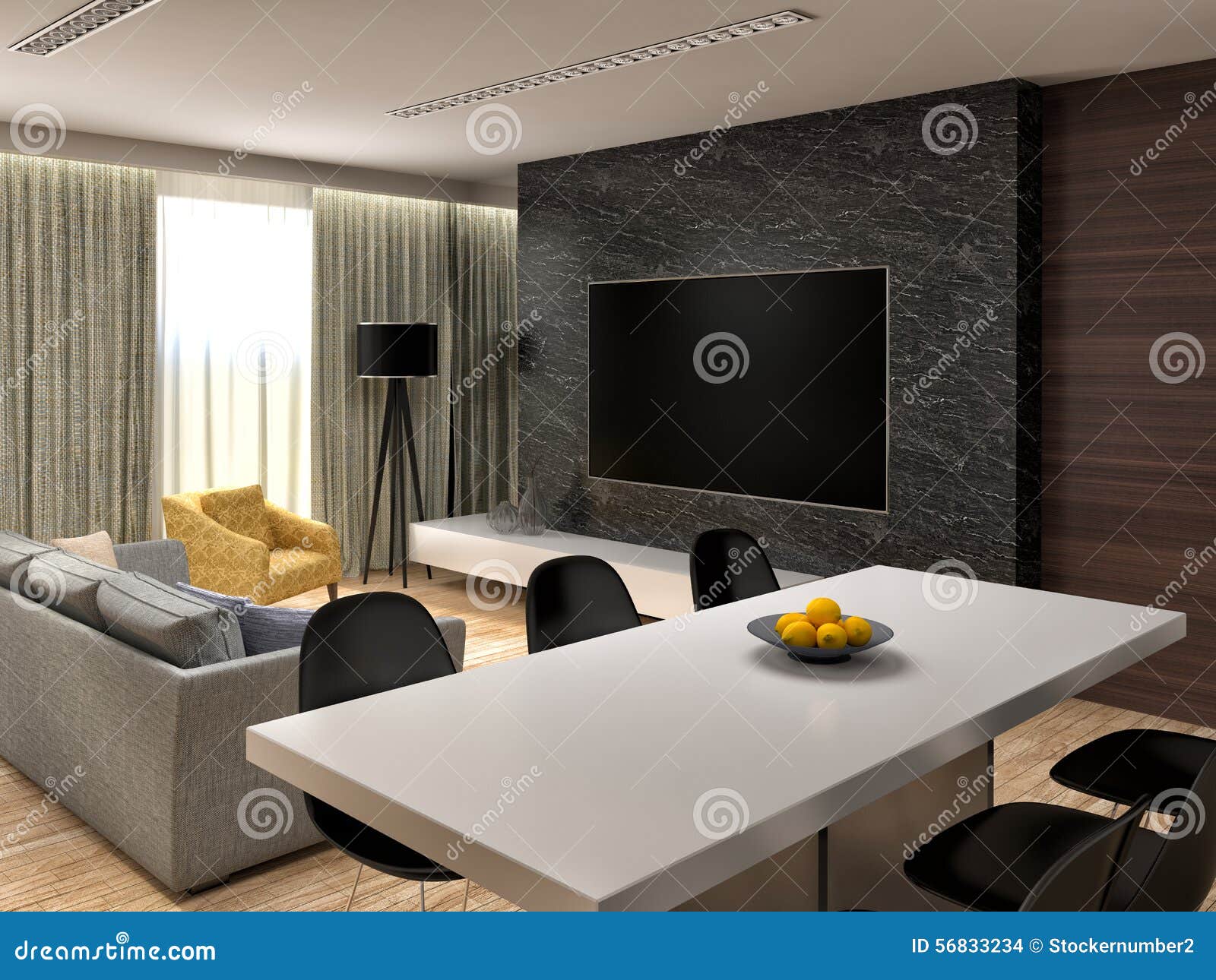 Modern Living Room Interior Design 3d Illustration Stock