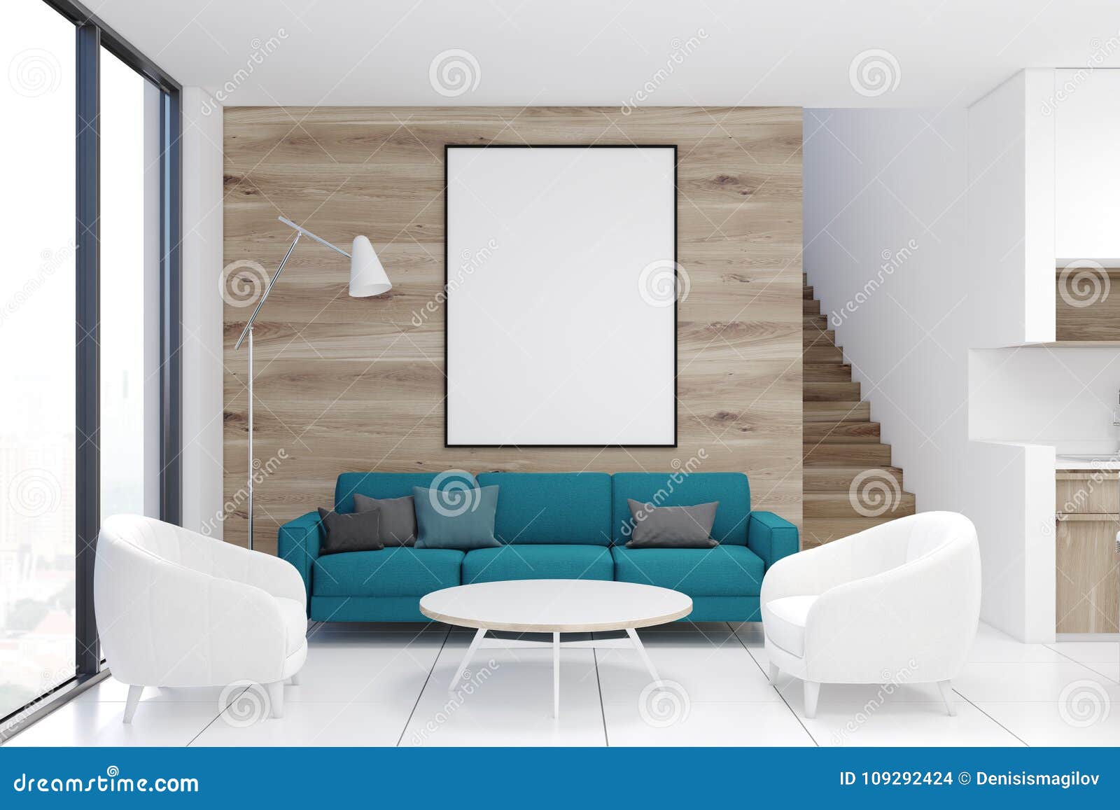 Wooden Living Room Blue Sofa Poster Stock Illustration