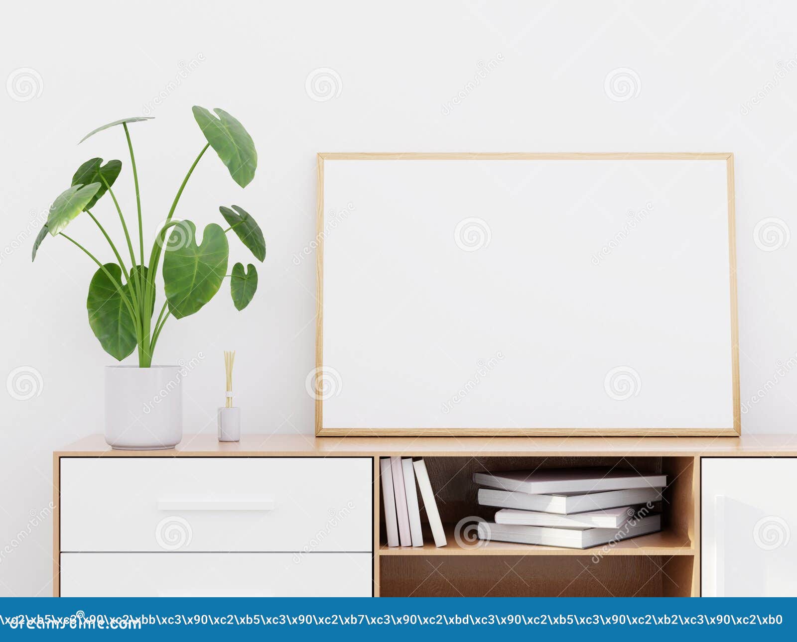 Download Modern Living Room Interior With A Wooden Dresser And A Horizontal Poster Mockup 3d Render Stock Photo Image Of Living Design 134822384