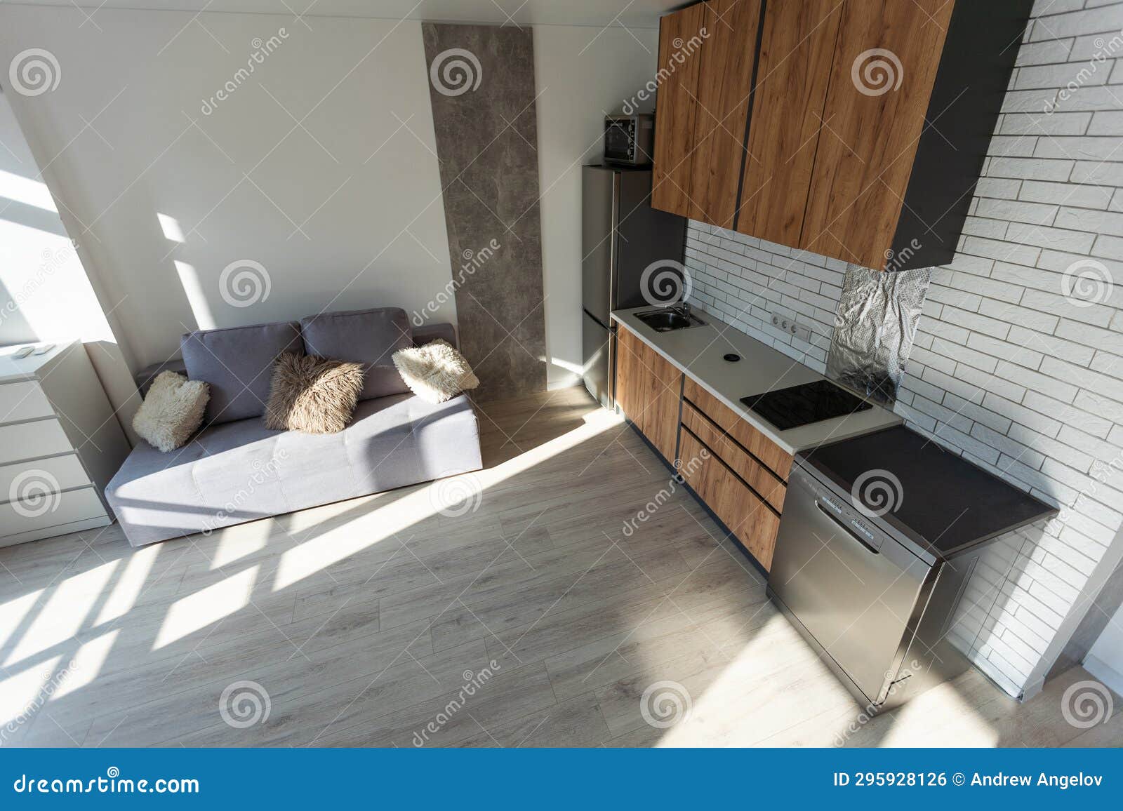 Modern Living Room and Kitchen in Small Apartment Stock Photo Image