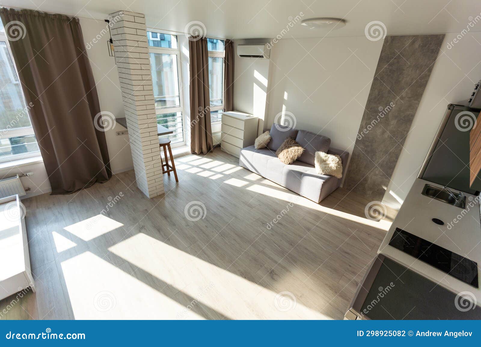 Modern Living Room and Kitchen in Small Apartment Stock Photo Image