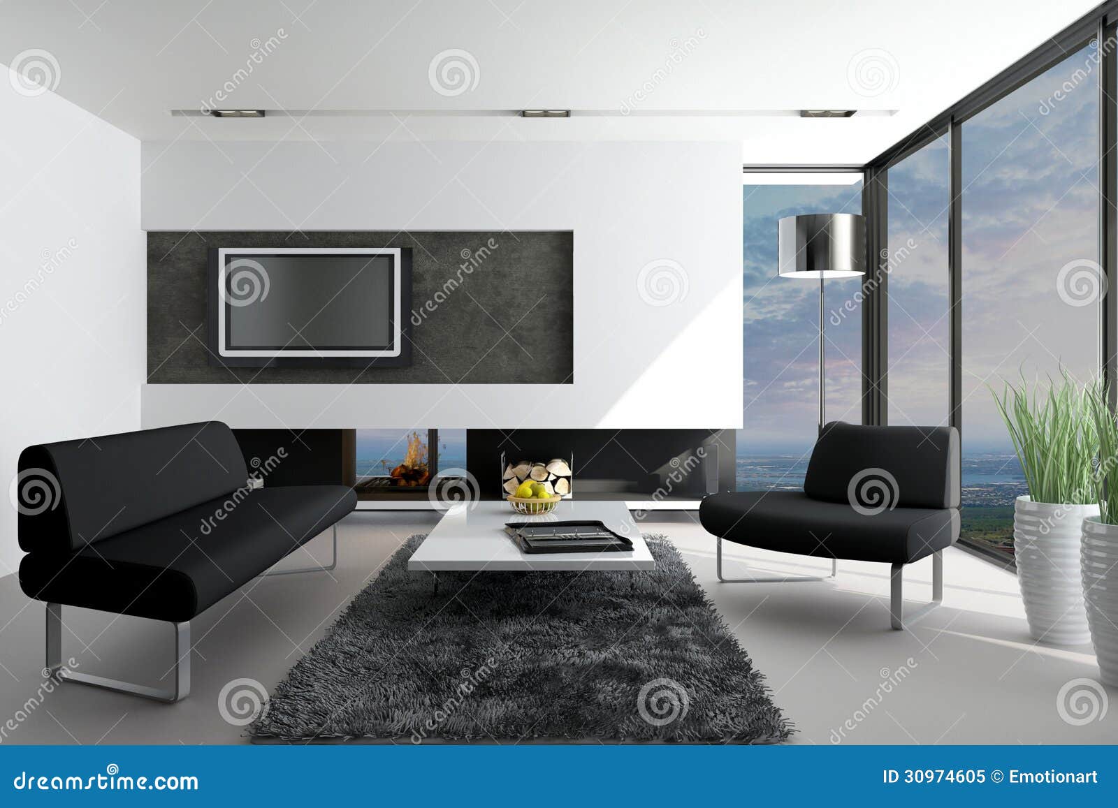 Modern Living Room with Landscape View Stock Illustration