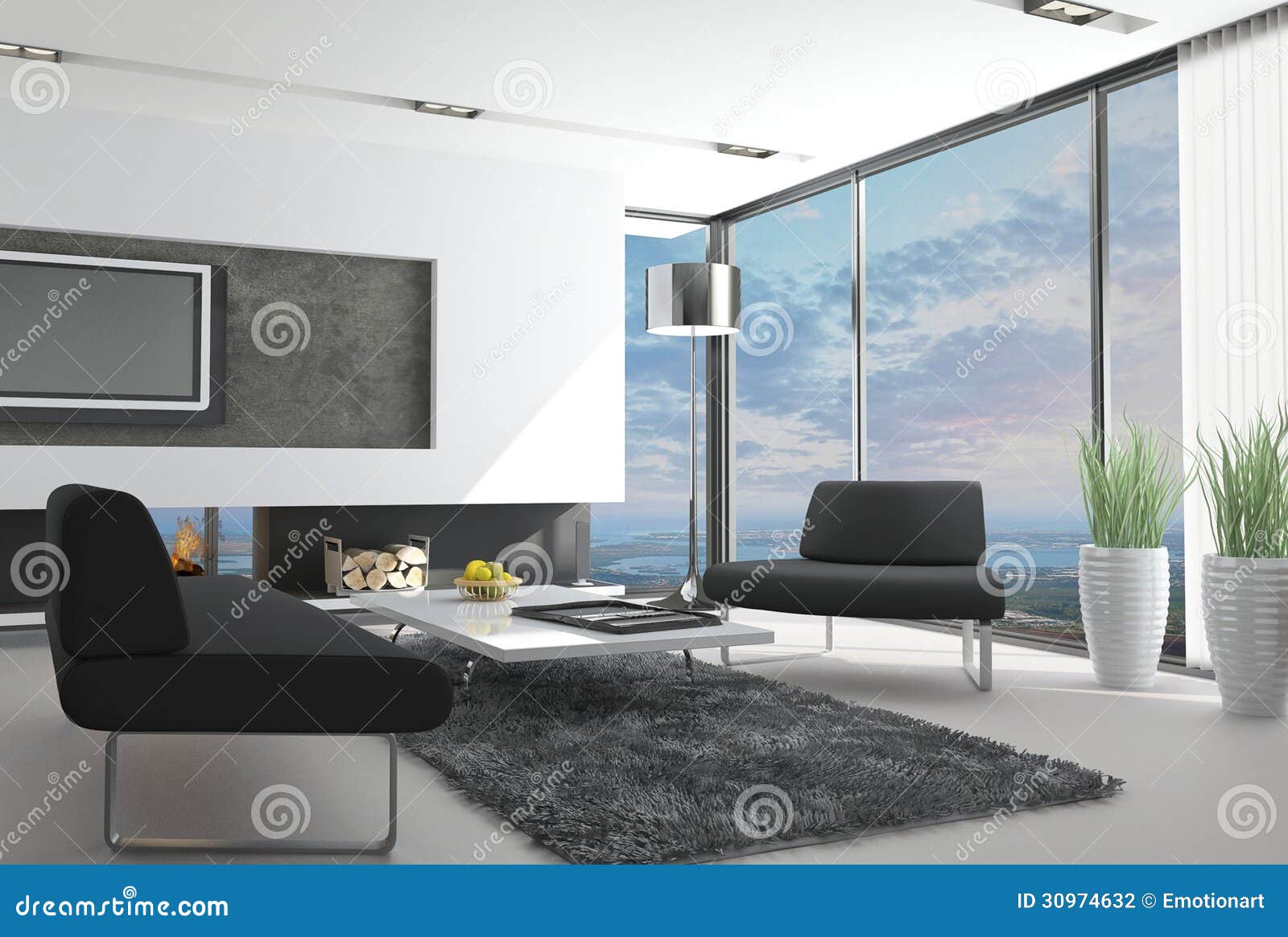 Modern Living Room with Landscape View Stock Illustration
