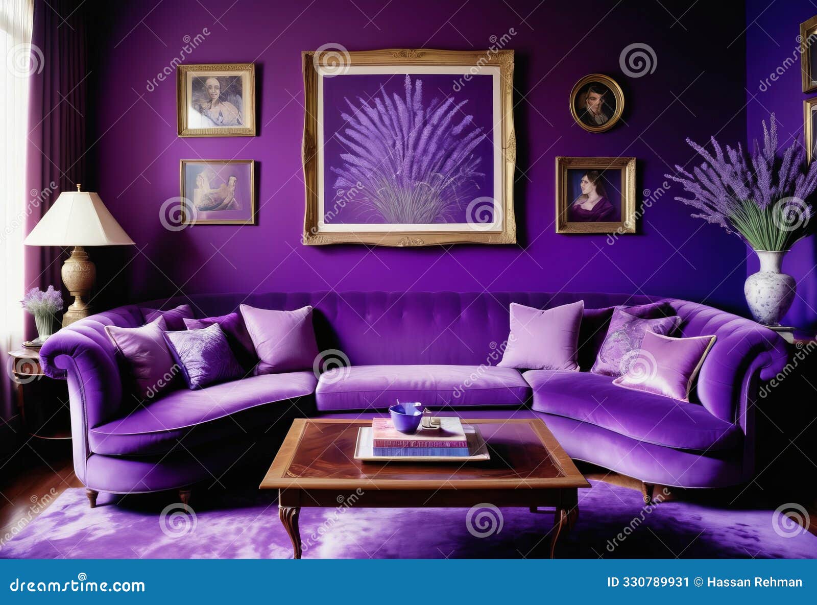 A Modern Living Room with a Large Purple Sofa Stock Illustration