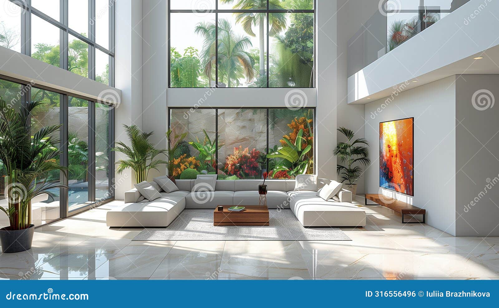 modern living room with large windows, tropical garden outside, high ceilings and marble flooring