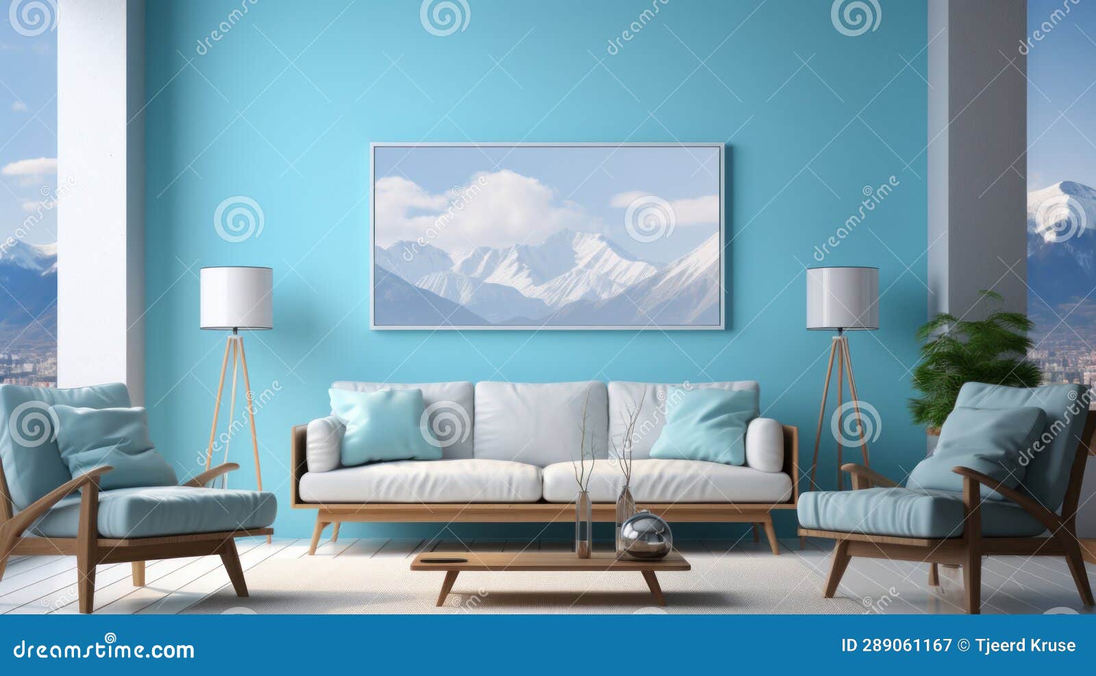 Modern Living Room with a Modern Light Blue Sofa and Blue Wall. Modern