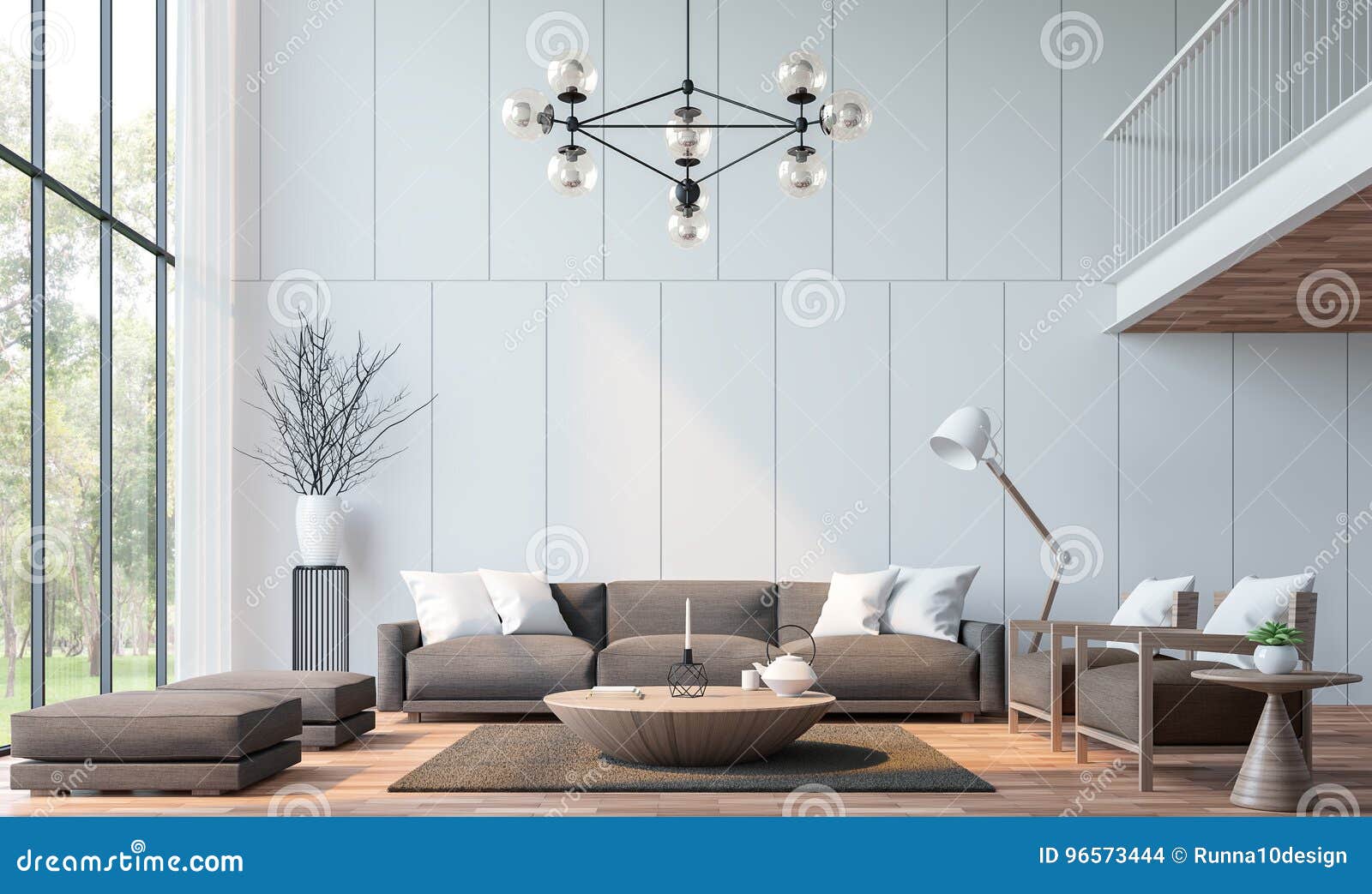 modern living room with mezzanine 3d rendering image