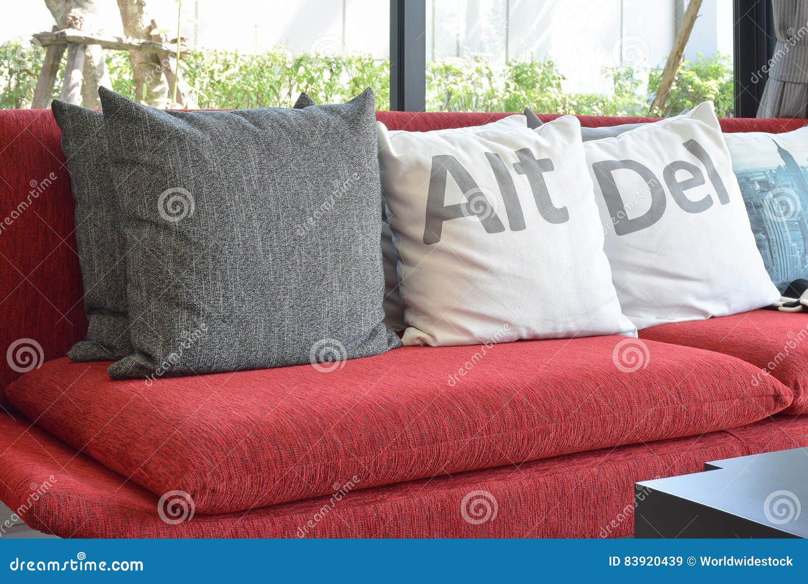 Modern Living Room with Pillows on the Red Sofa Stock Image Image of