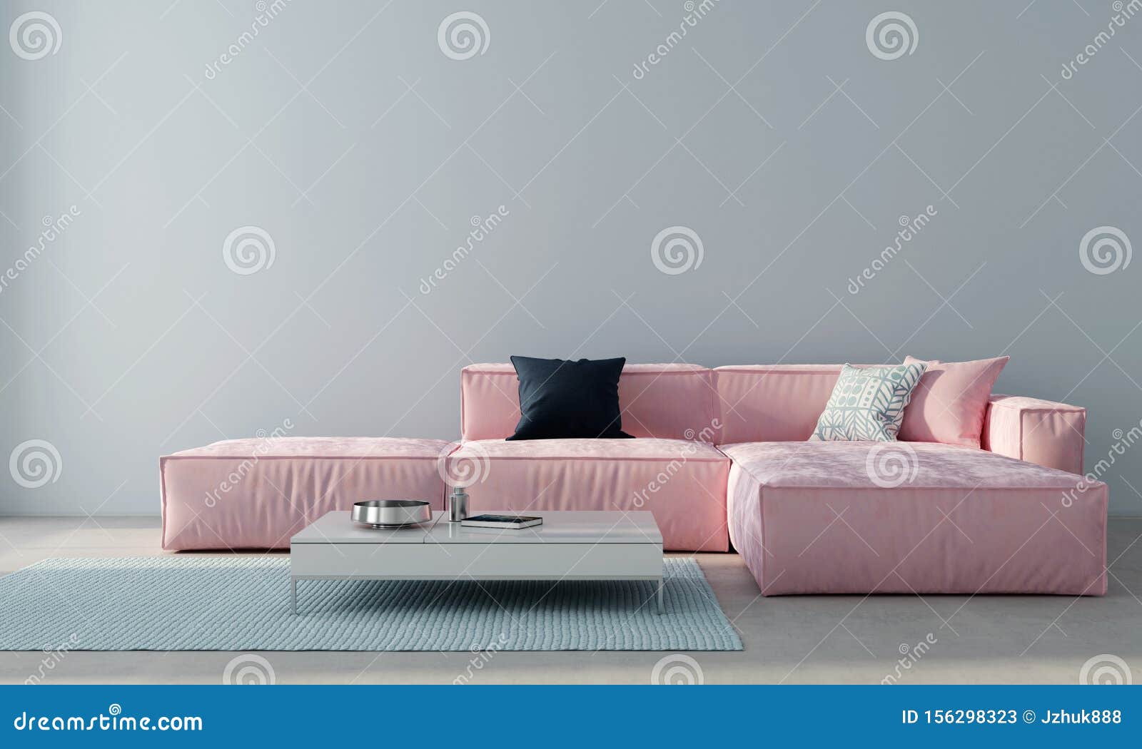 Modern Living Room With Pink Sofa 3d Render Stock Illustration Illustration Of Indoors