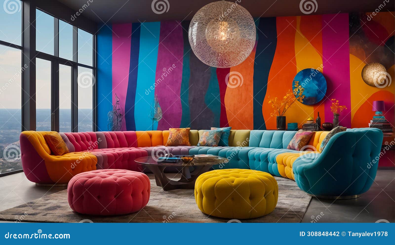 modern living room with sofa and colored poufs creative