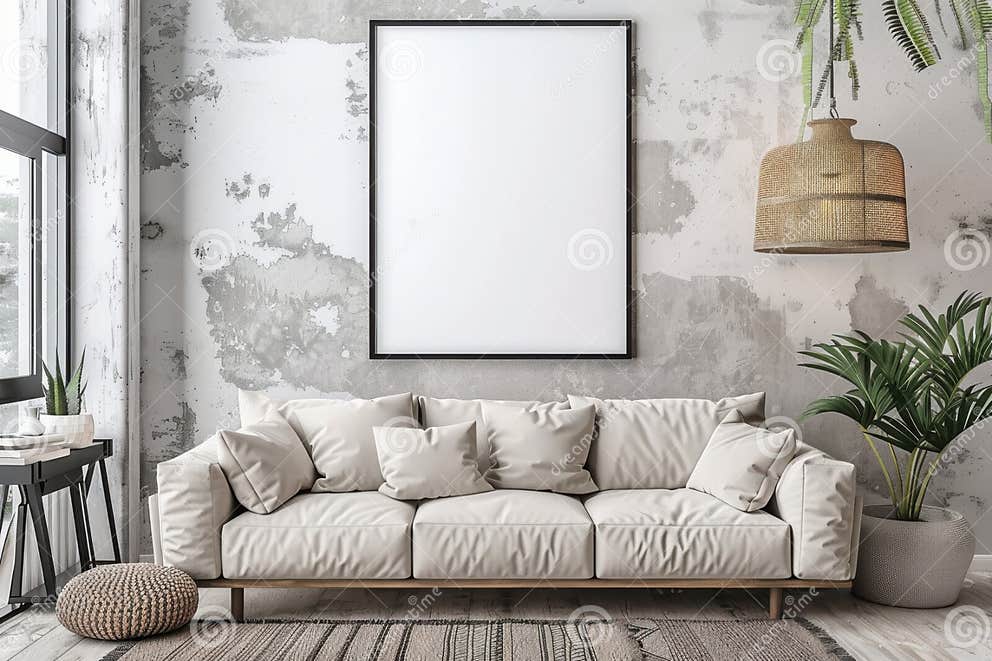 Modern living room with a sofa minimalist decor and large blank