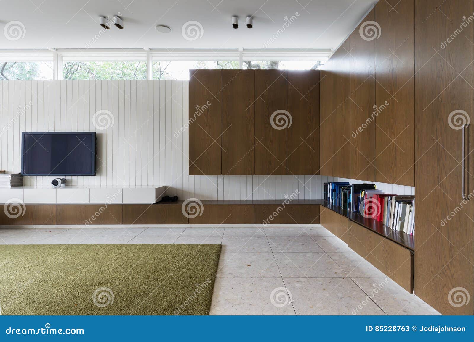 Modern Living Room With Walnut Cabinets And Tv Stock Image