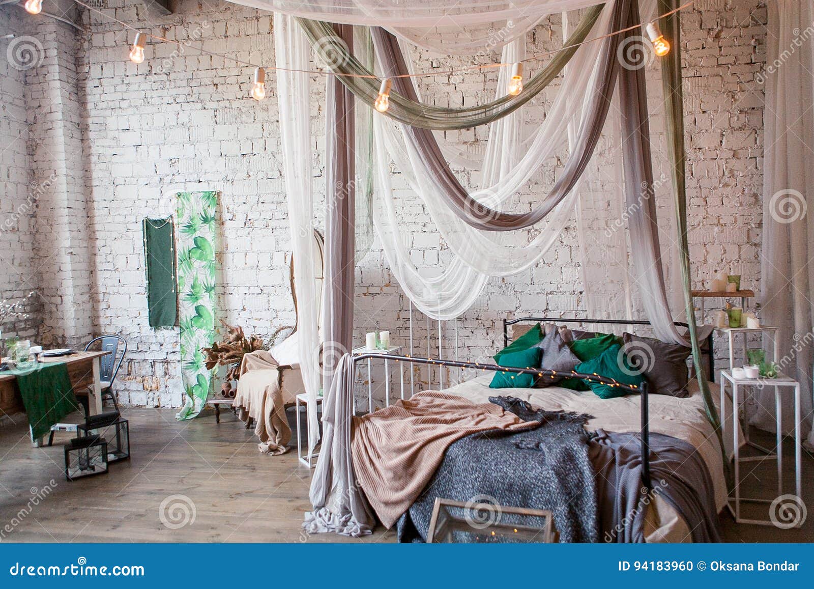 Modern Loft Bedroom With High Ceiling Brick Wall Wood Floor