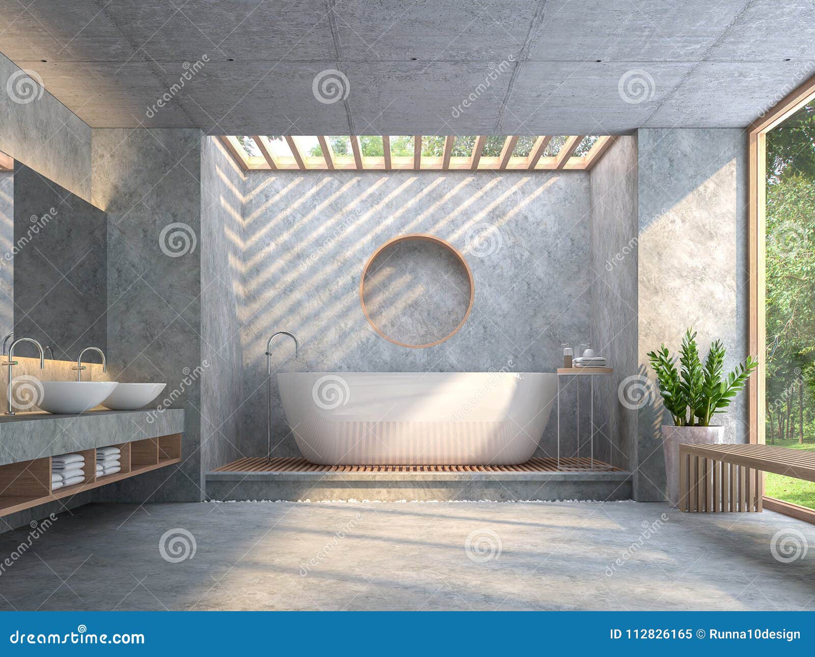 modern loft style bathroom with polished concrete 3d render