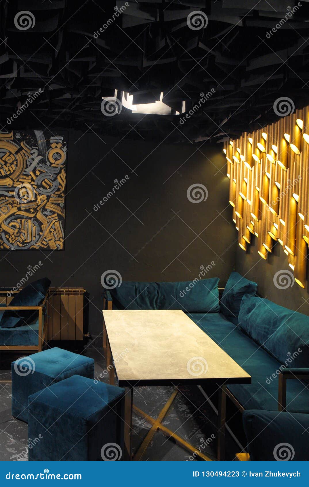 Modern Lounge Bar InteriorDark ToneDark Cyan Sofa And ChairsGolden Laterns In Form Of Tubes Stock Image Image Of Caffeine