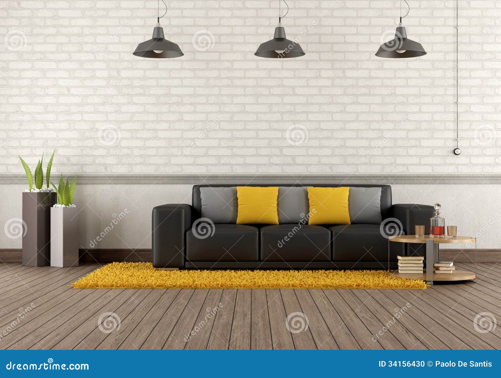 modern lounge brown sofa front brick wall rendering 34156430