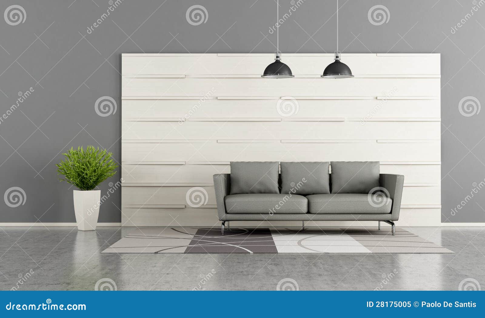 Modern Lounge with White Wooden Panel Stock Illustration Illustration