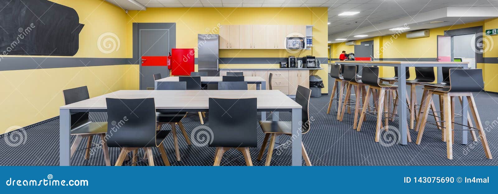 lunchroom interior with kitchenette, panorama