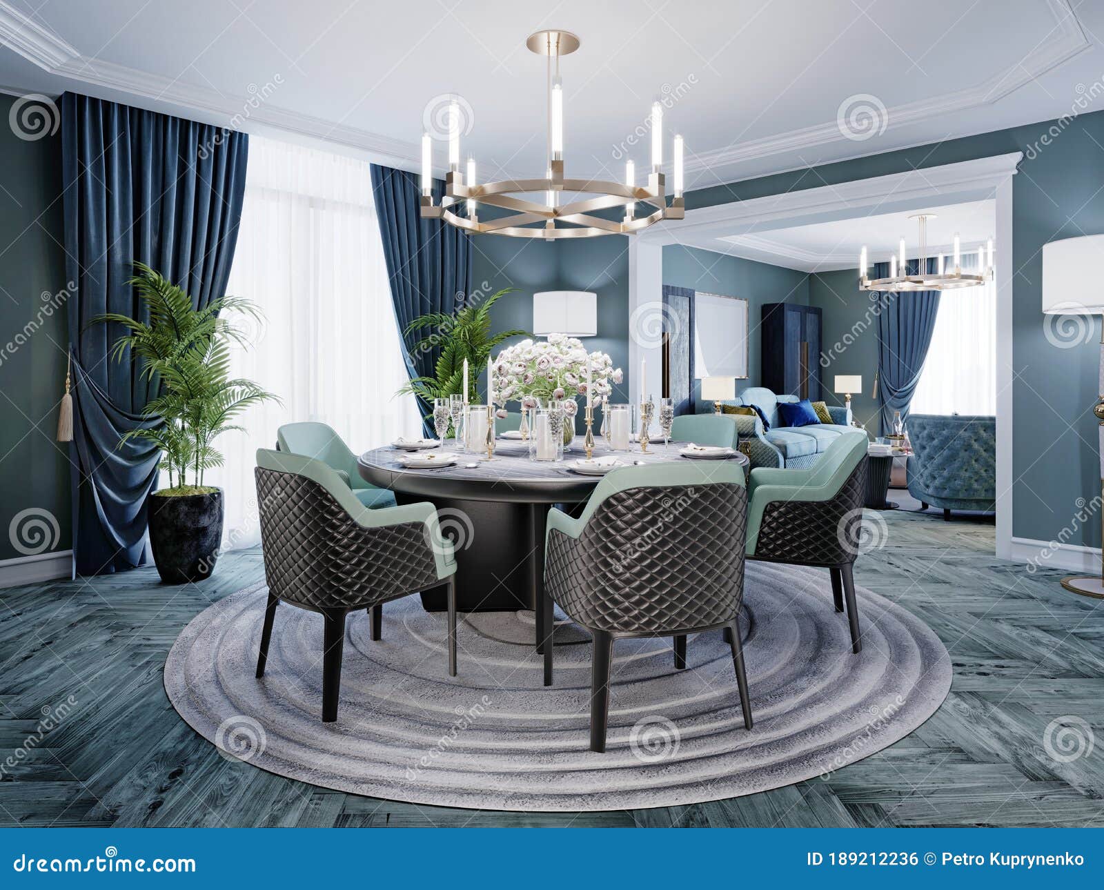 Modern Luxurious Dining Room In Blue, White And Black Color With A Large  Round Served Table And Chairs Stock Illustration - Illustration Of Floor,  Cabinet: 189212236