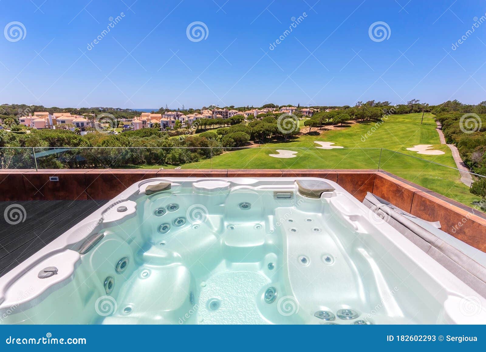 Modern Luxurious Pool Jacuzzi With Hydromassage With Beautiful Views And Greenery For