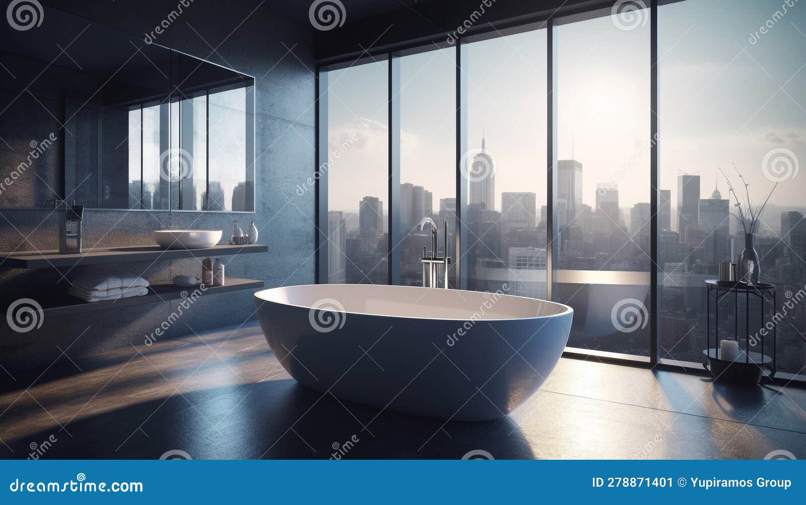 Modern Luxury Apartment with Bright, Clean Bathroom and Marble Bathtub Generated by AI Stock