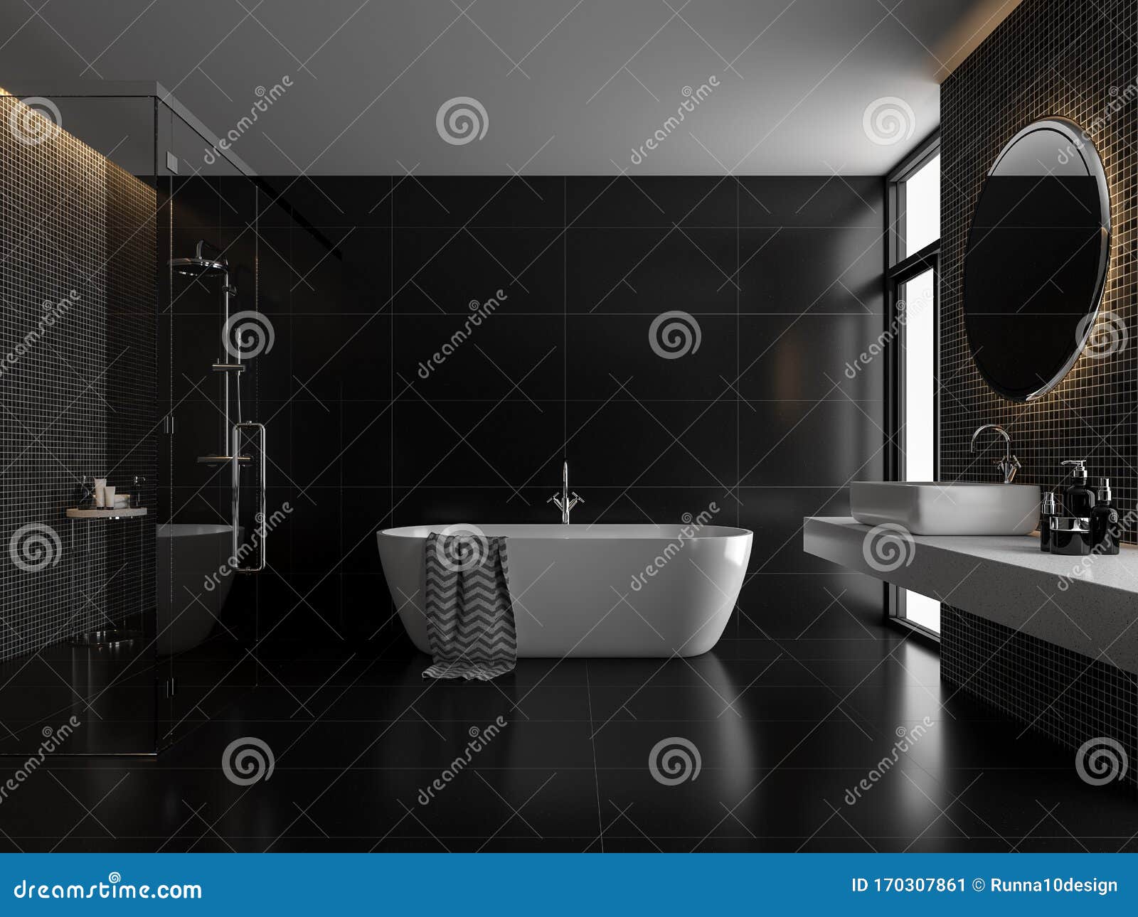 Modern Luxury Black Tile Wall Bathroom 3d Render Stock Illustration ...