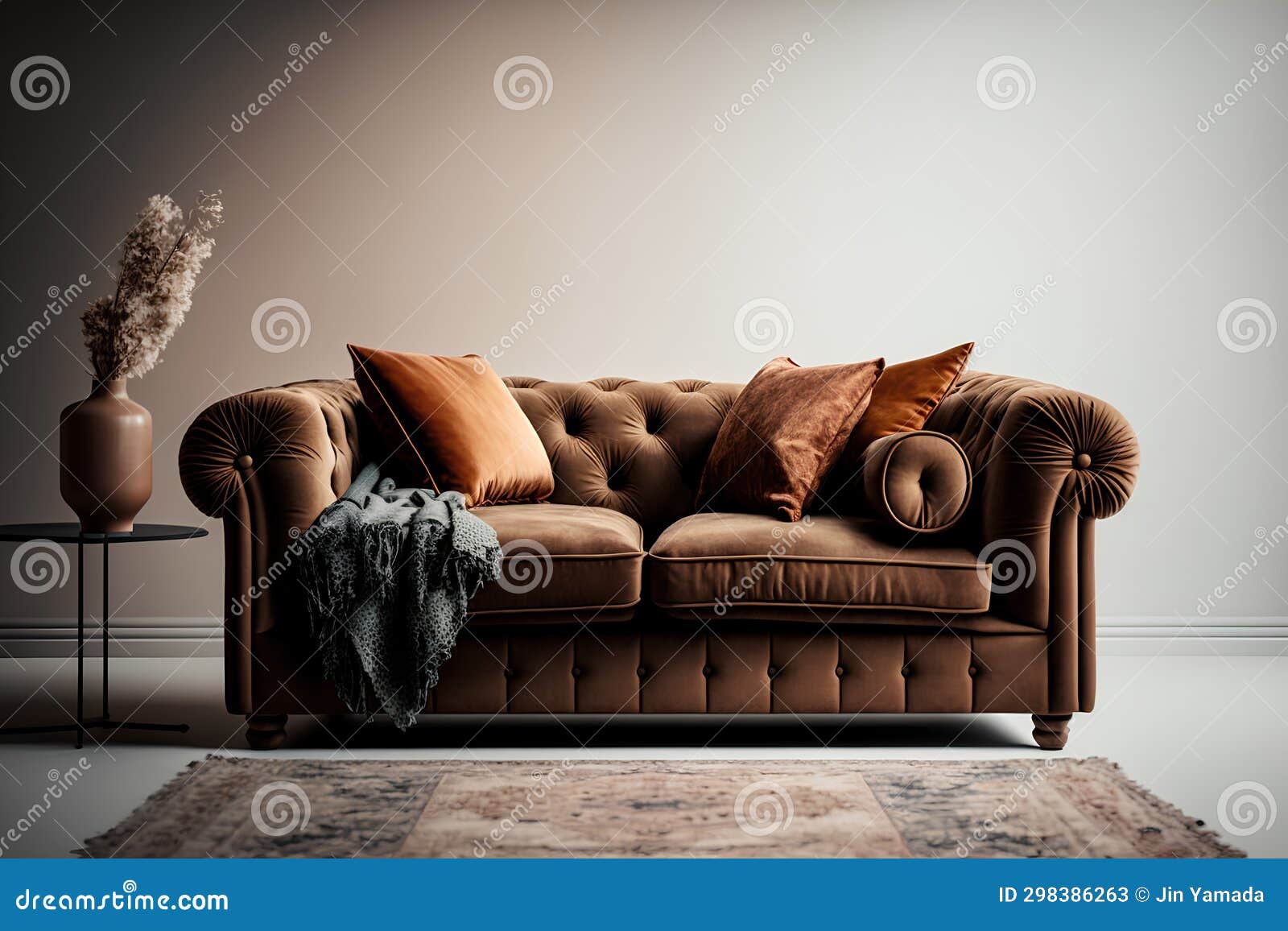 Modern Luxury Brown Leather Sofa with Pillows in Bright Living Room