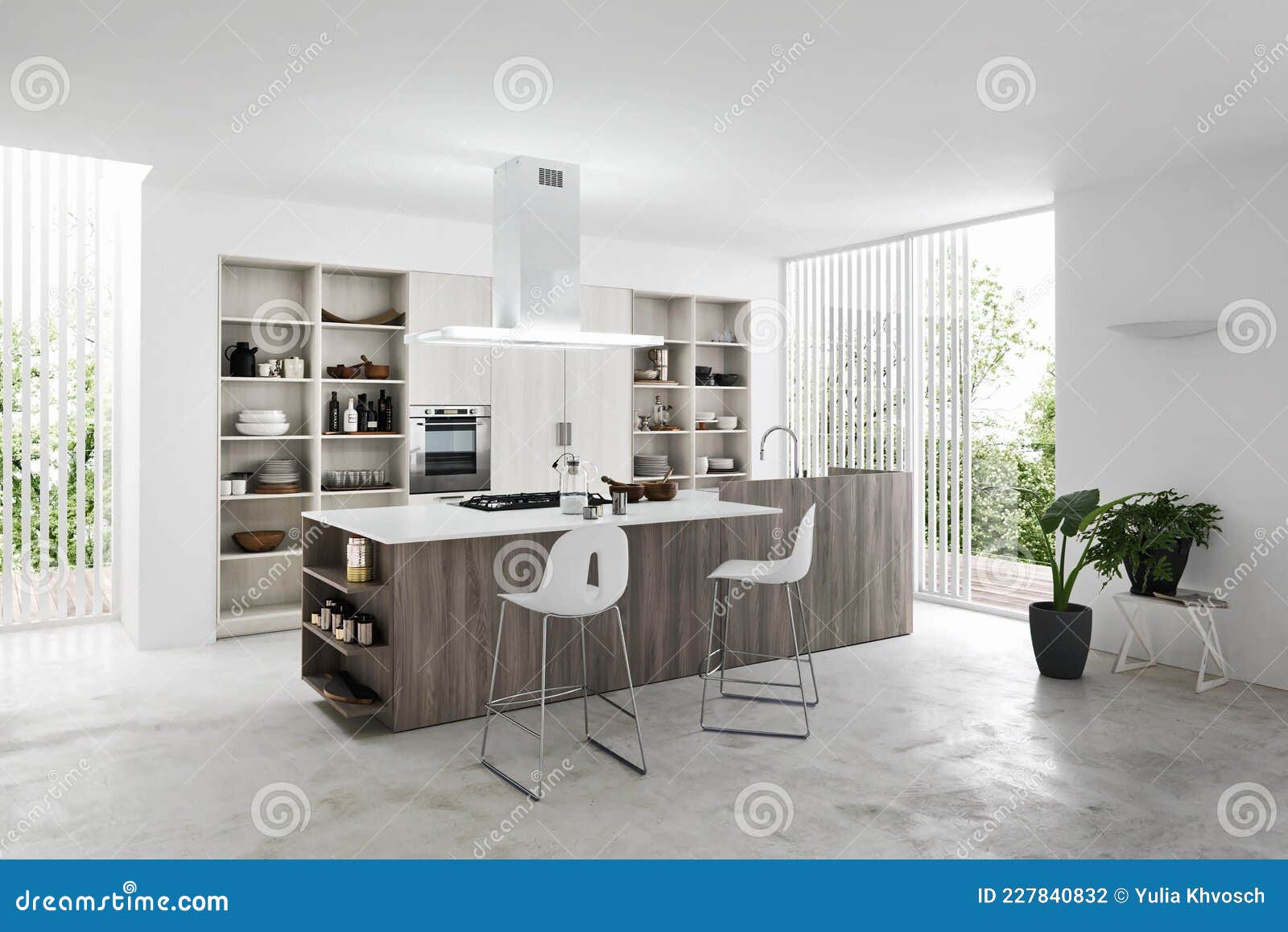 Modern Luxury Kitchen Interior Design in Minimal Style. Stock Photo