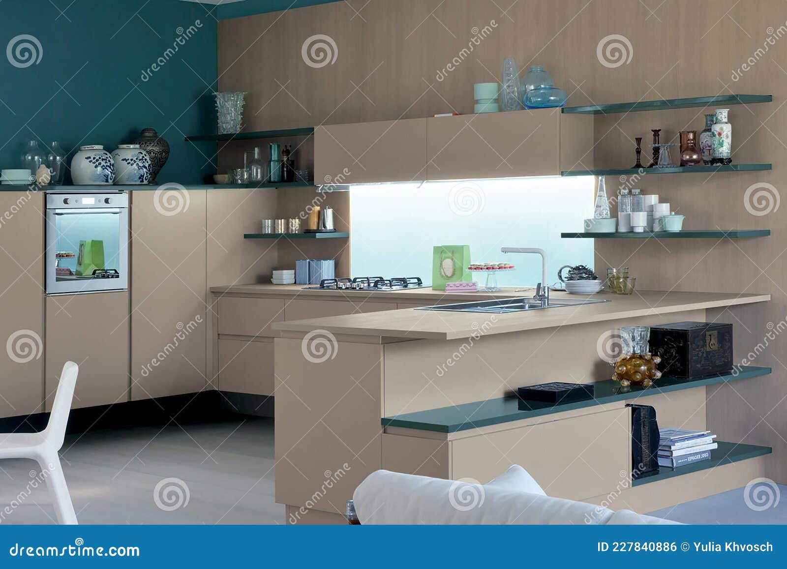 Modern Luxury Kitchen Interior Design in Minimal Style. Stock Photo