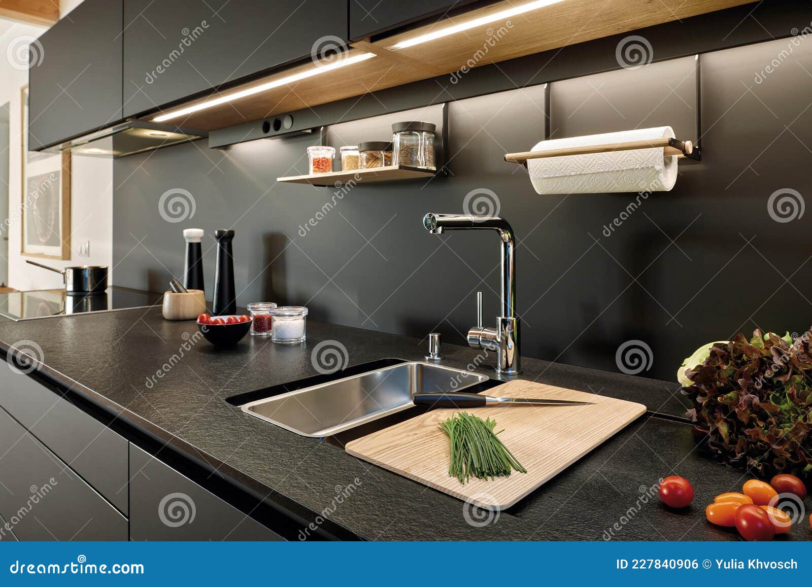 Modern Luxury Kitchen Interior Design in Minimal Style. Stock Photo