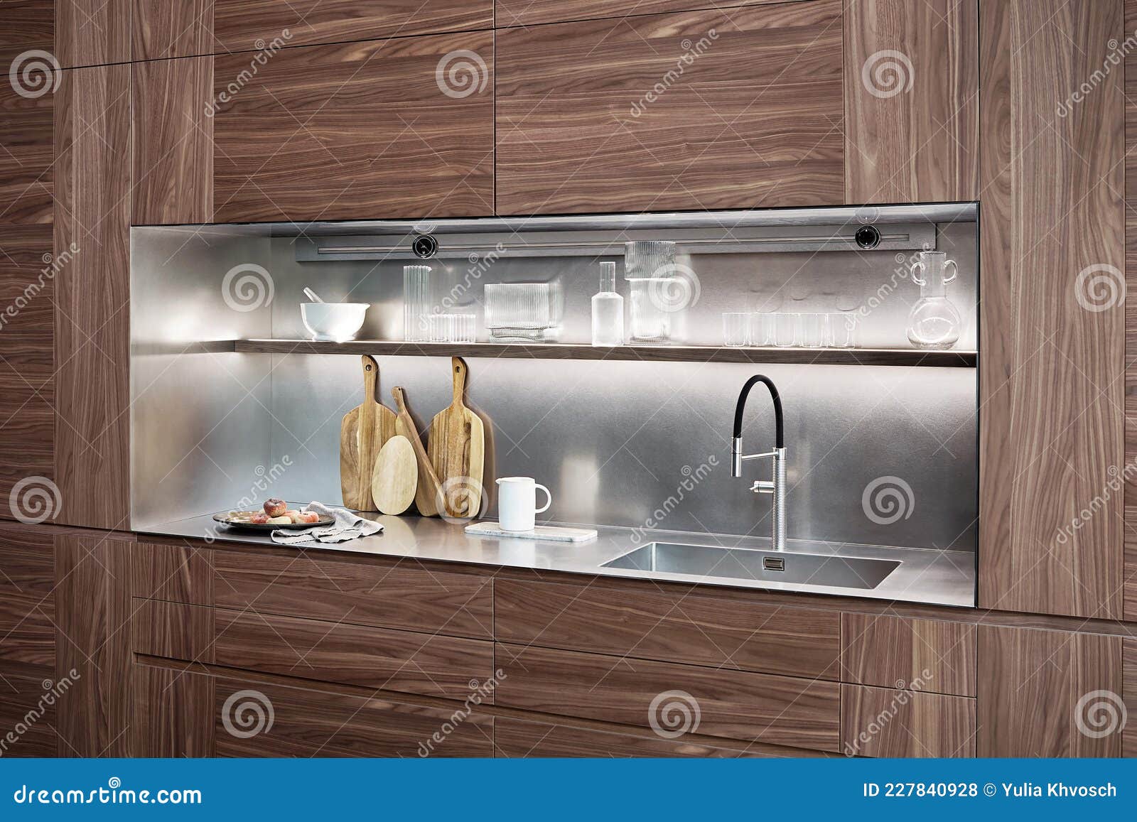 Modern Luxury Kitchen Interior Design in Minimal Style. Stock Photo
