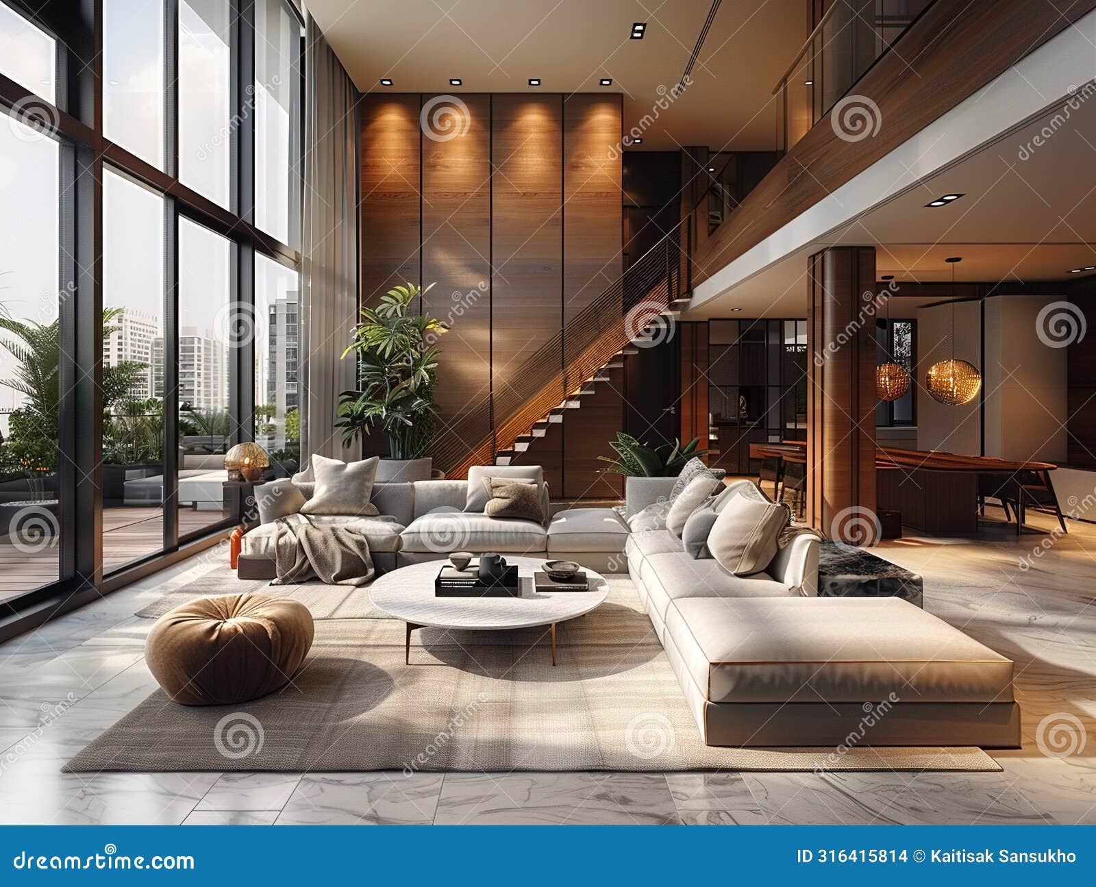 modern luxury living room interior with large windows, high ceilings, and open floor plan