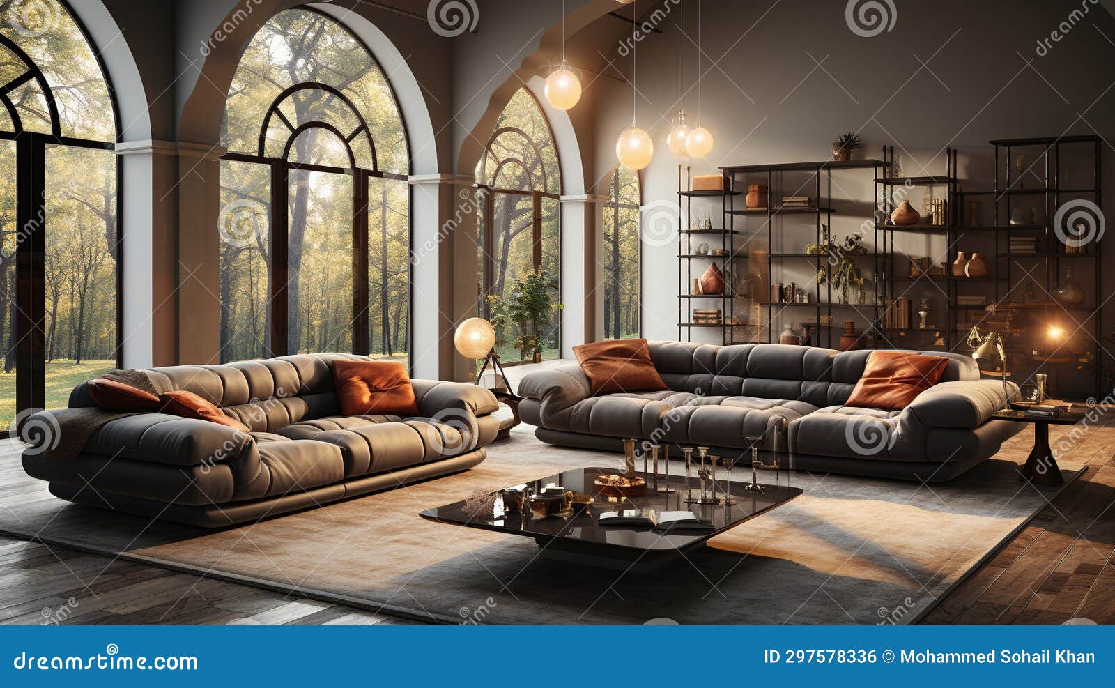 Modern Luxury Living Room with Grey Sofa Interior Background Stock