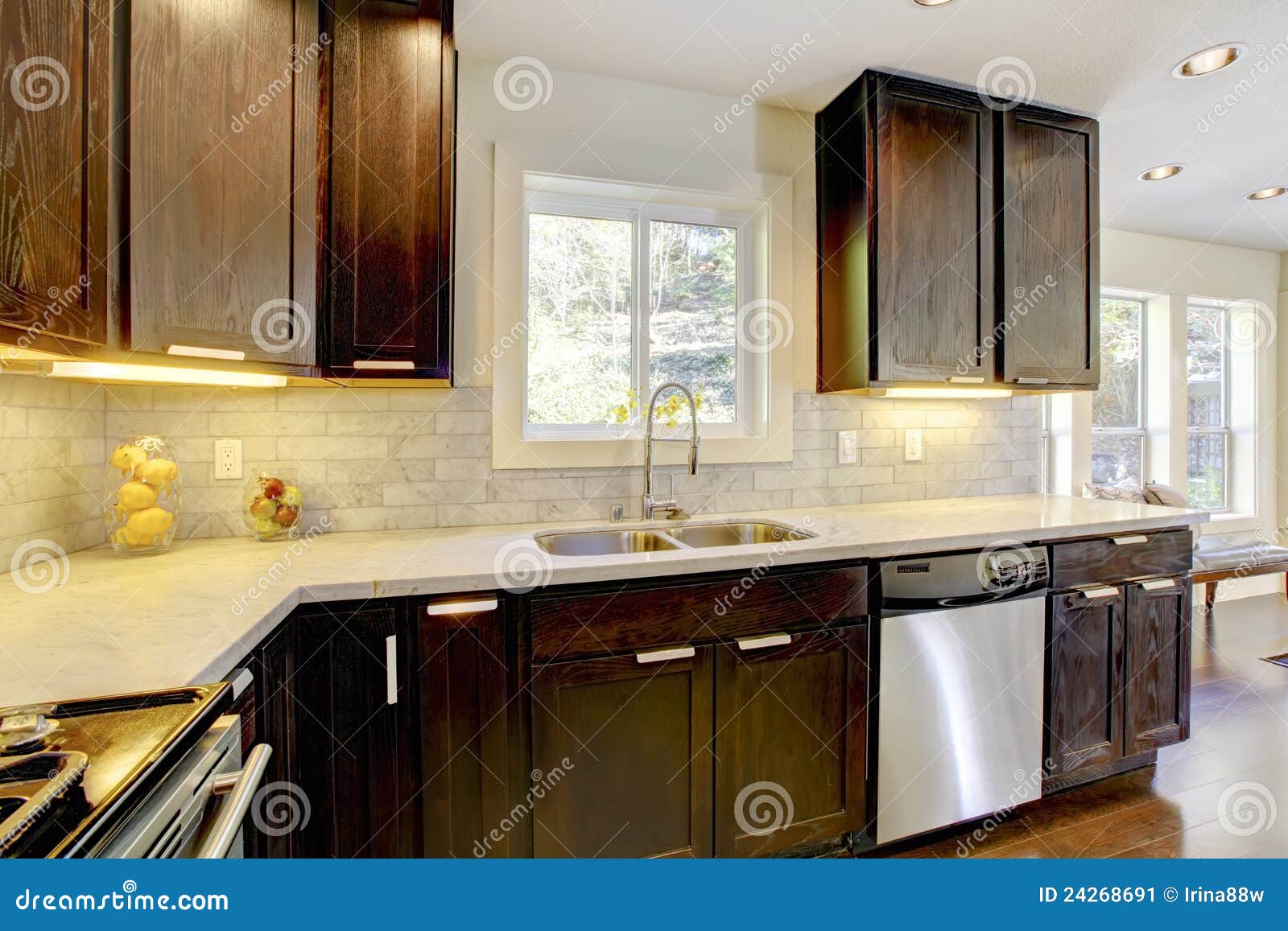 Modern Luxury New Dark Brown and White Kitchen. Stock Image Image of