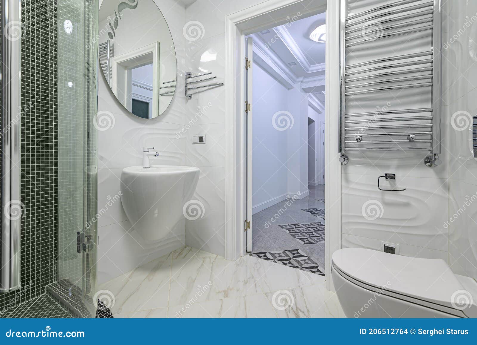 Modern Luxury White and Chrome Bathroom Stock Photo - Image of glass ...