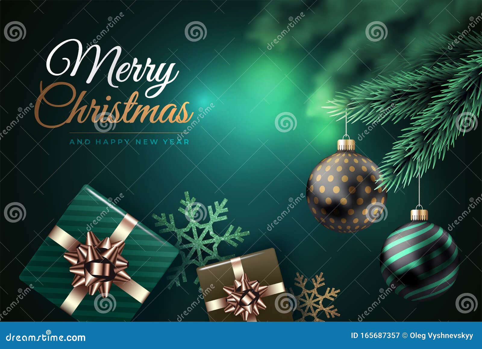 Modern Merry Christmas Background with Balls and Gifts. Happy New ...