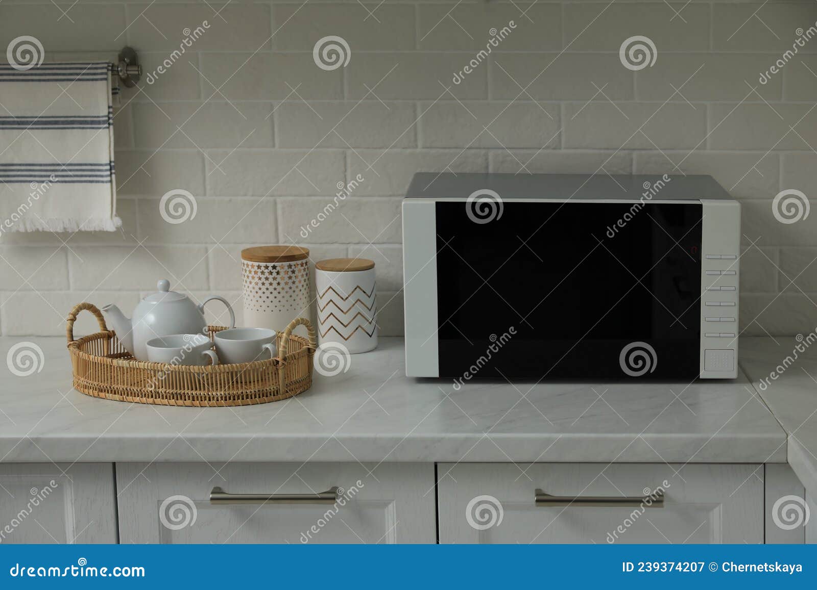 Modern Microwave Oven on Countertop in Kitchen Stock Image Image of