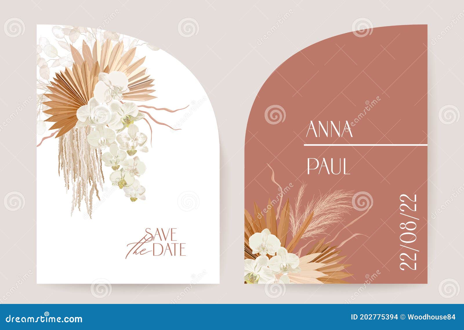 modern minimal art deco wedding  invitation set. boho orchid, pampas grass, lunaria card template